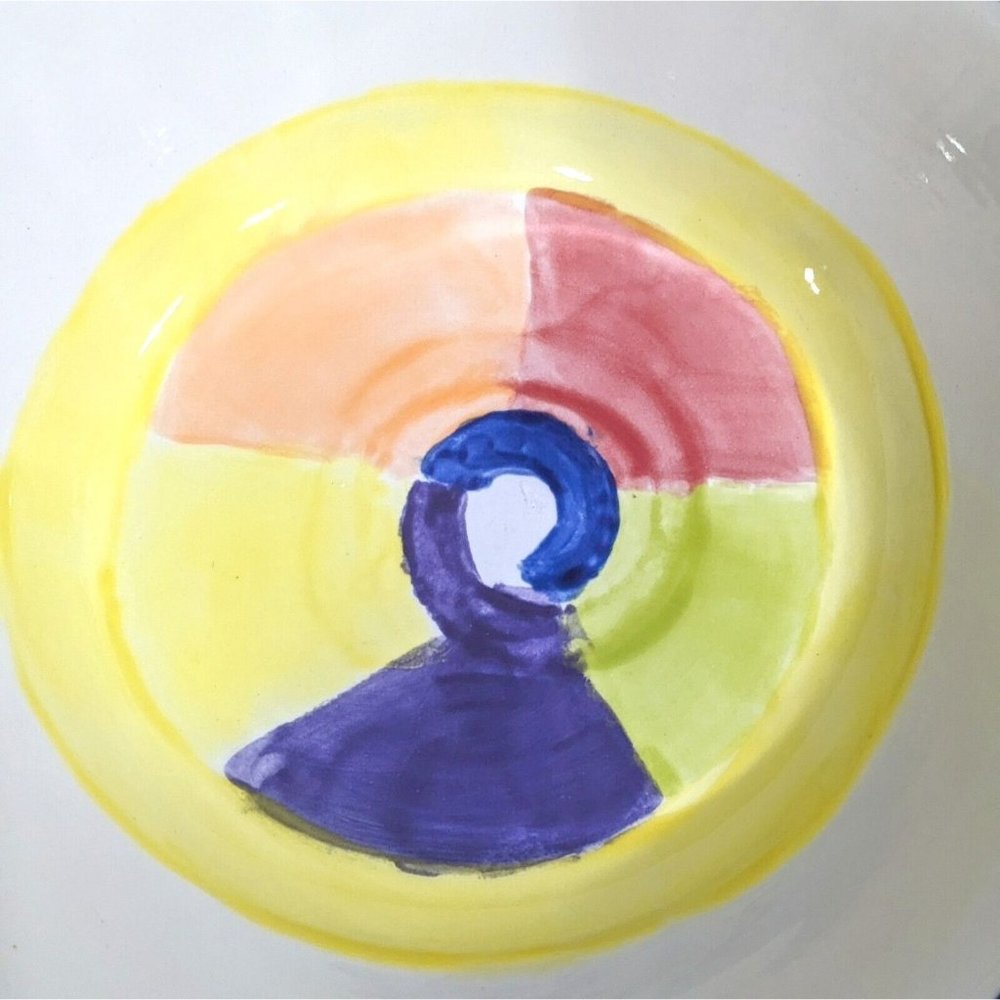 Vintage 1999 Hand Painted Serving Bowl Rimmed 11" Signed Sims Bold Rainbow - Picture 4 of 8